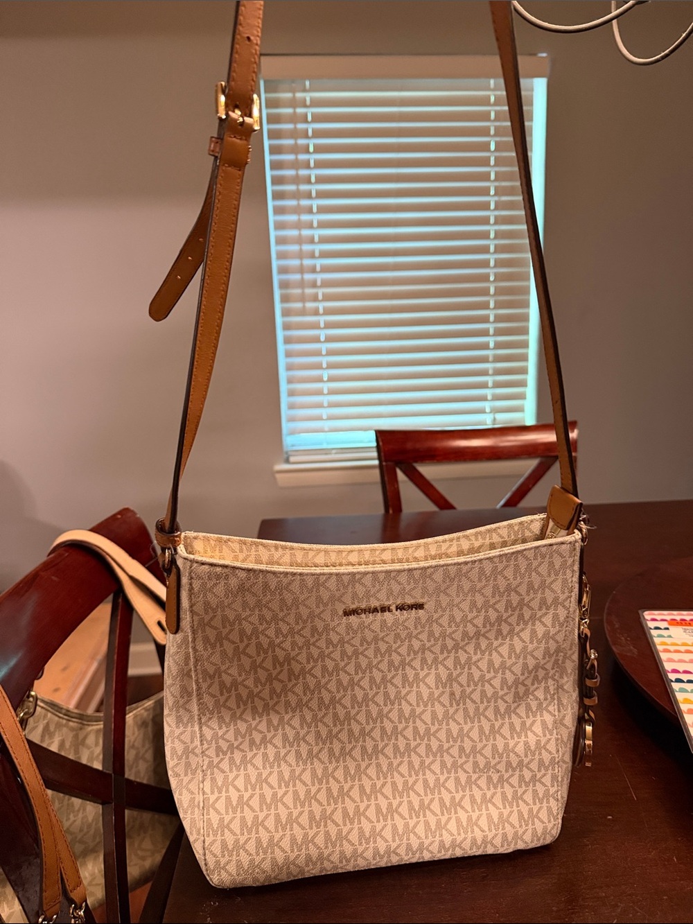 Michael Kors Beige Logo Crossbody Bag with Tan Strap